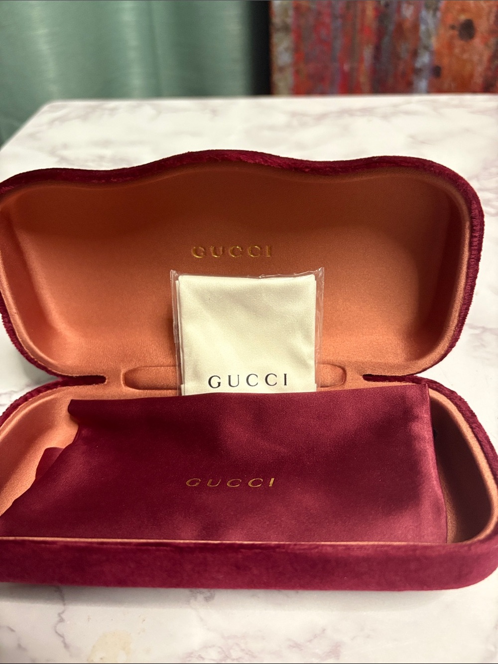 Gucci Burgundy Velvet Eyewear Case with Cream Cloth